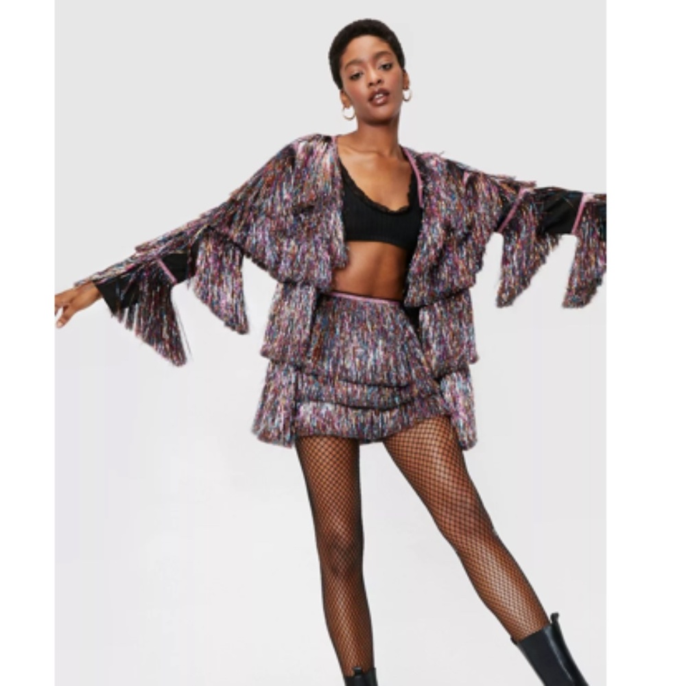 Nasty Gal Nasty Gal Metallic Tiered Tinsel Fringe Open Front Jacket